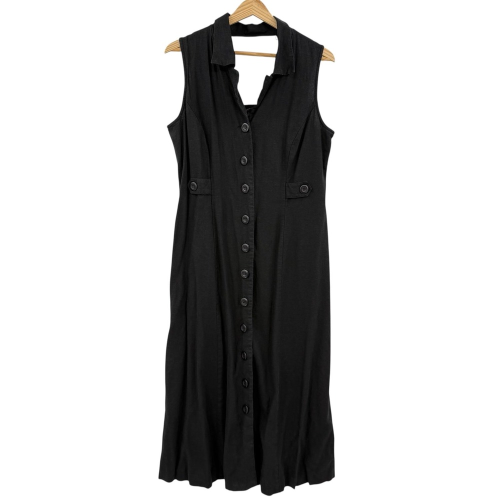 VTG MHM Melissa Harper Maxi black dress Size 10 Button‎ Front Linen Rayon Blend